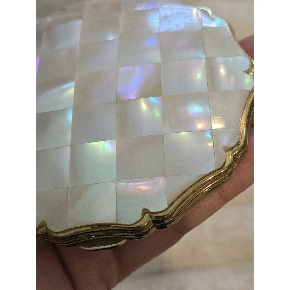 Vintage Stratton Mother of Pearl MOP Pattern Gold Tone Compact Mirror & Case